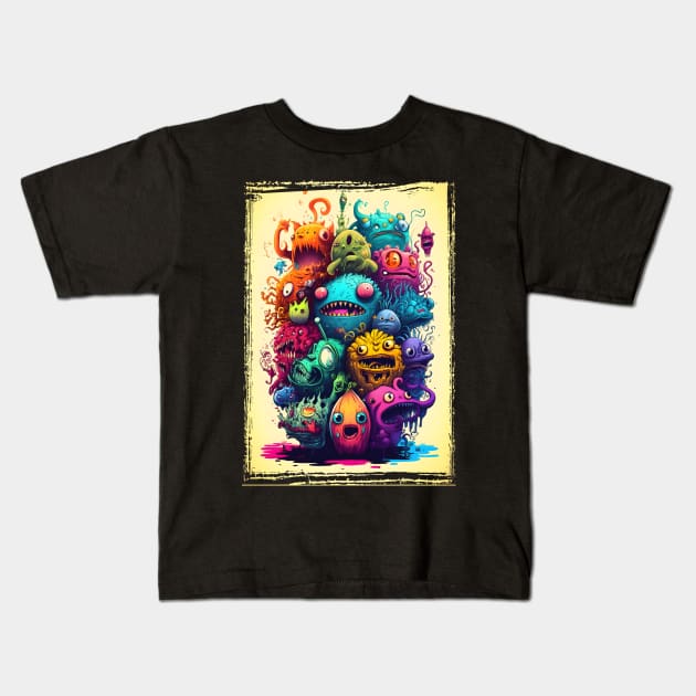 Colorful and Funny Monsters in Neon Watercolor Doodle Art Style Kids T-Shirt by ToySenTao